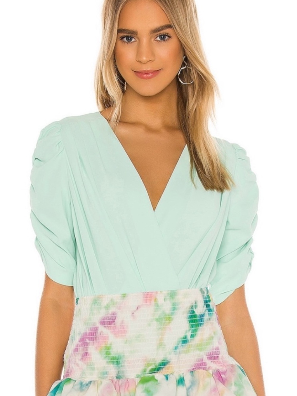 Amanda Uprichard  V Neck Arabella Thong Bodysuit Puff Ruched Sleeves Sz Small
